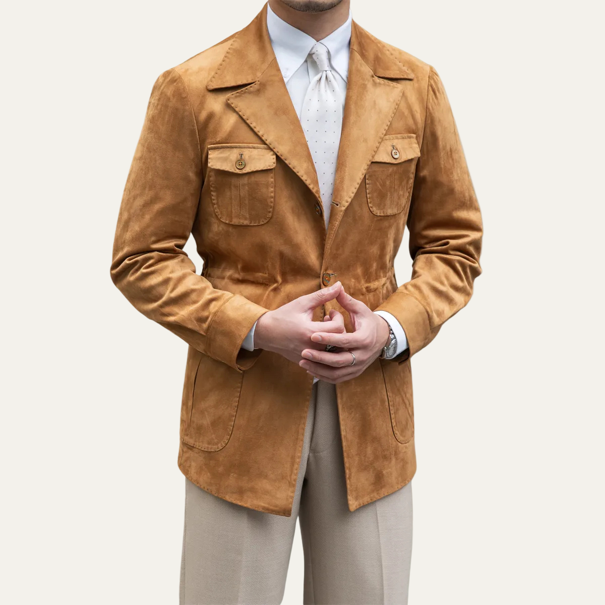 Blazer safari homme sur mesure avec poches à rabat