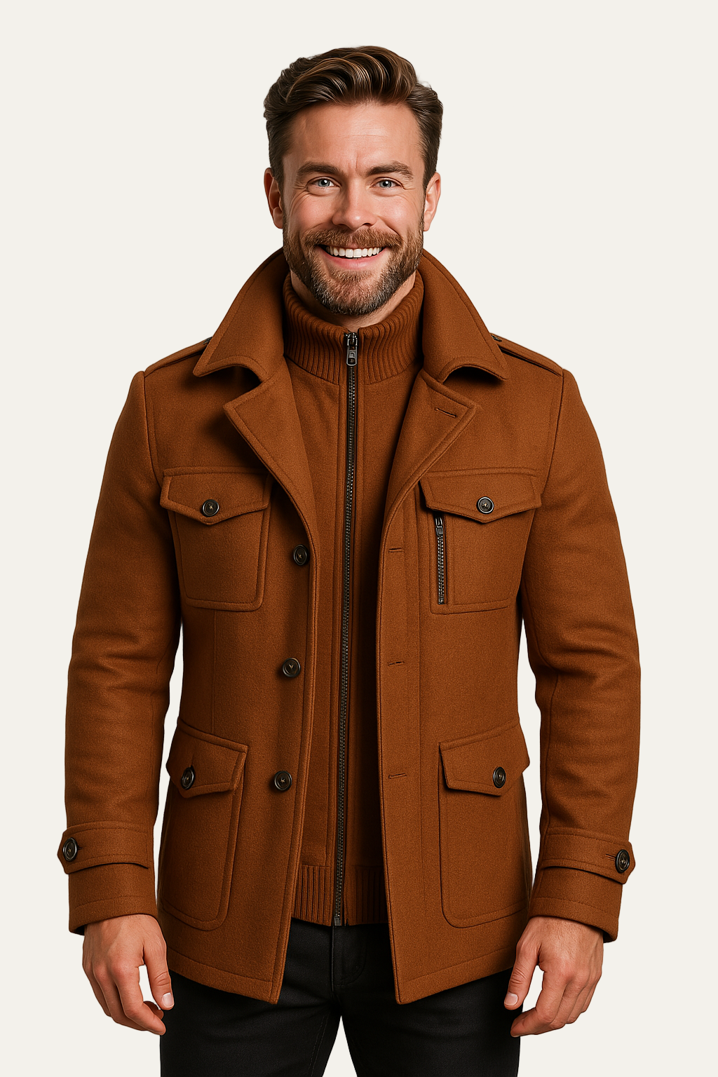 Caban court pour homme en laine mélangée avec fermeture éclair intérieure