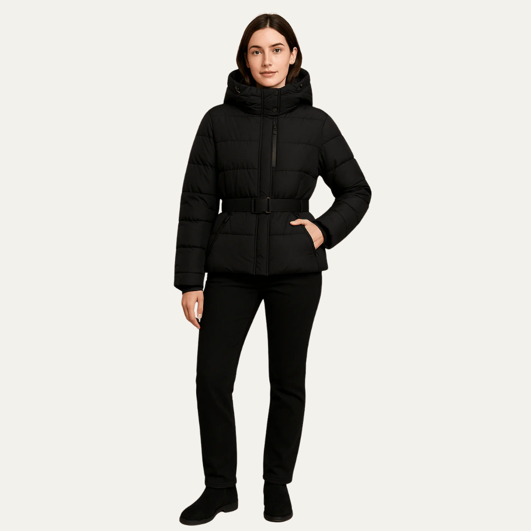 Doudoune à capuche ceinturée pour femme