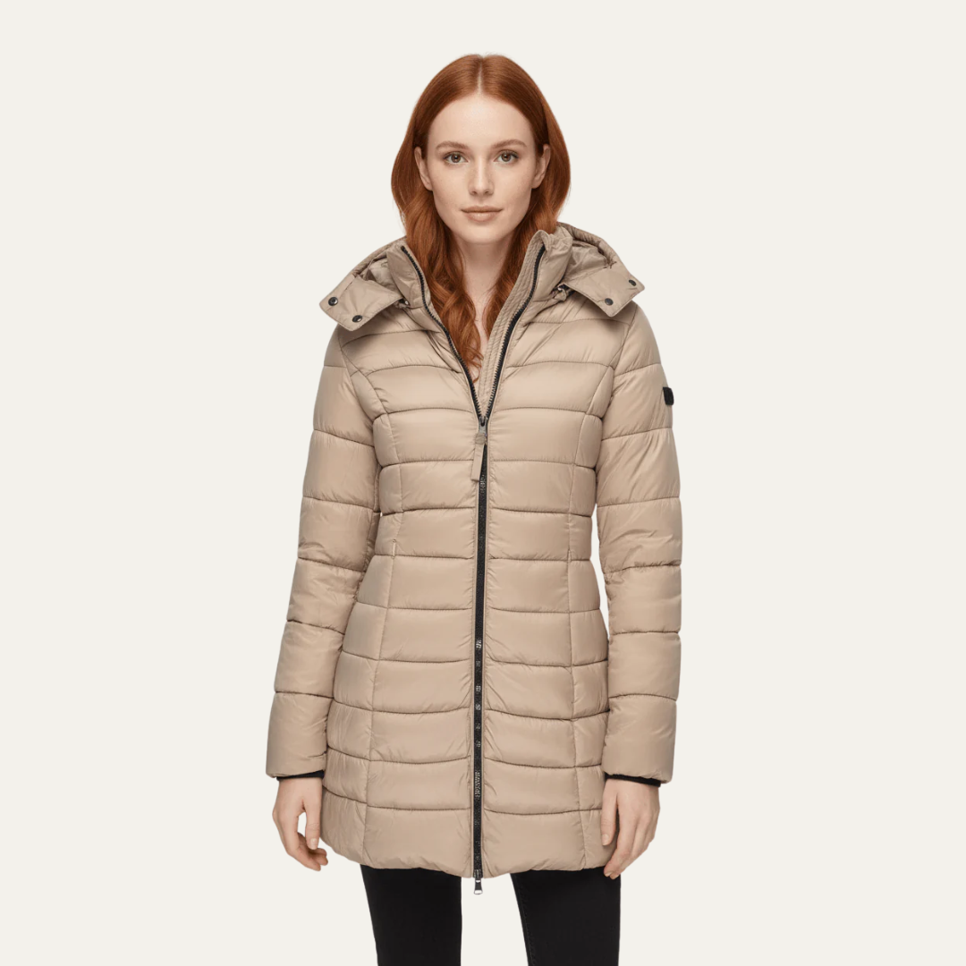 Doudoune mi-longue cintrée à capuche pour femme