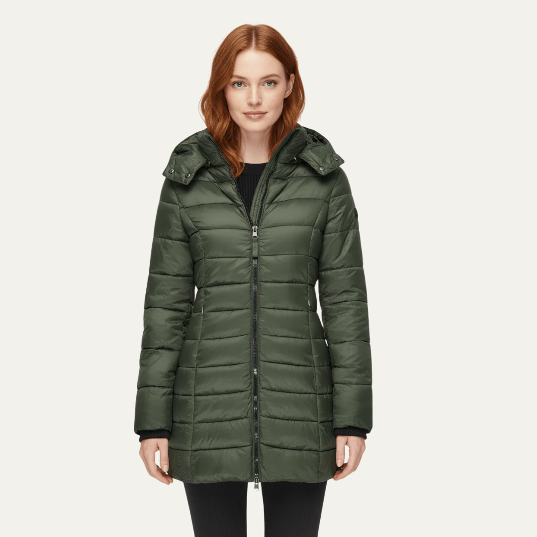 Doudoune mi-longue cintrée à capuche pour femme