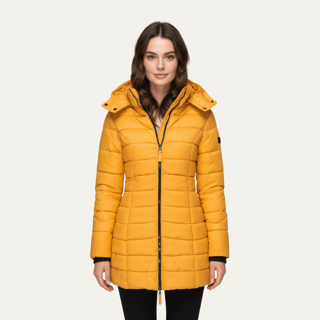Doudoune mi-longue cintrée à capuche pour femme