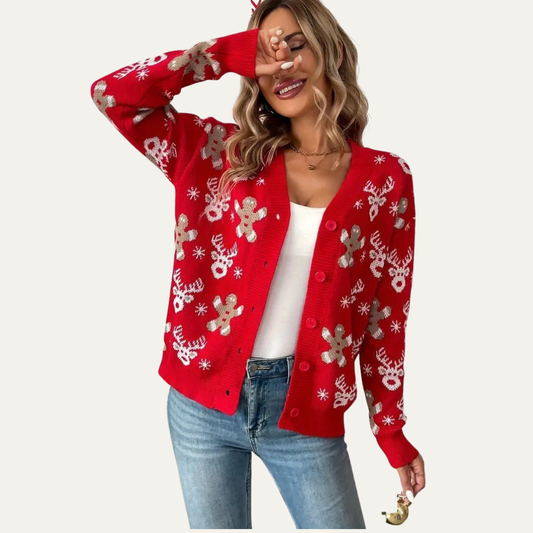Gilet boutonné en maille à motif pain d'épice pour femme