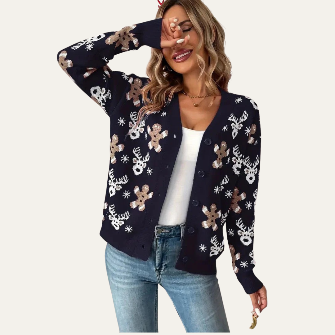 Gilet boutonné en maille à motif pain d'épice pour femme