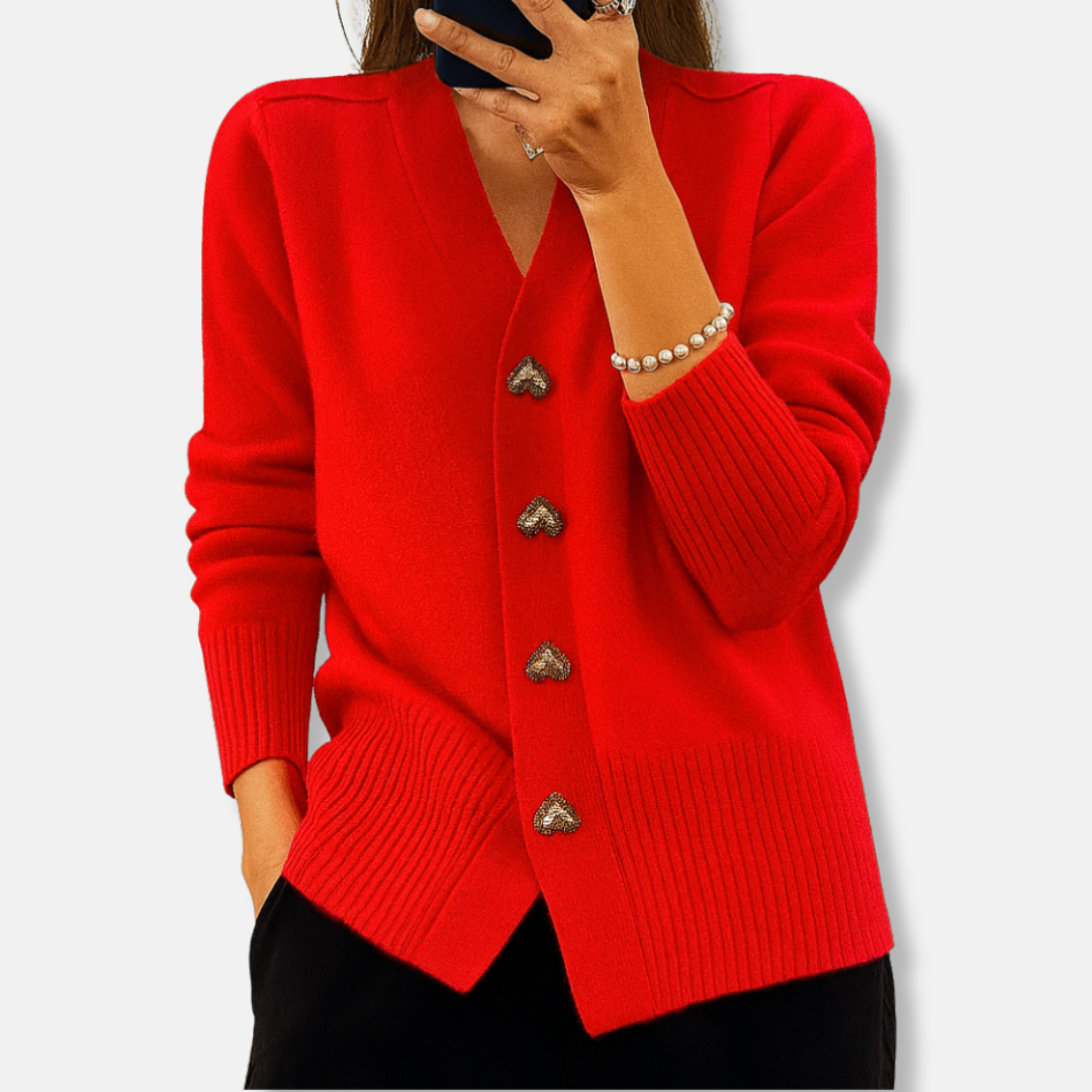 Gilet chaud à col en V et boutons en forme de cœur pour femme