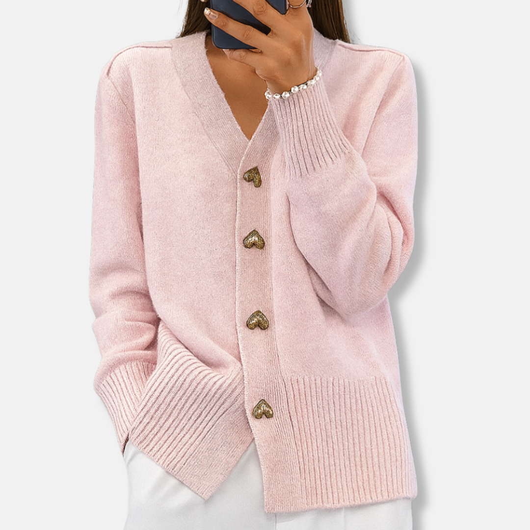 Gilet chaud à col en V et boutons en forme de cœur pour femme
