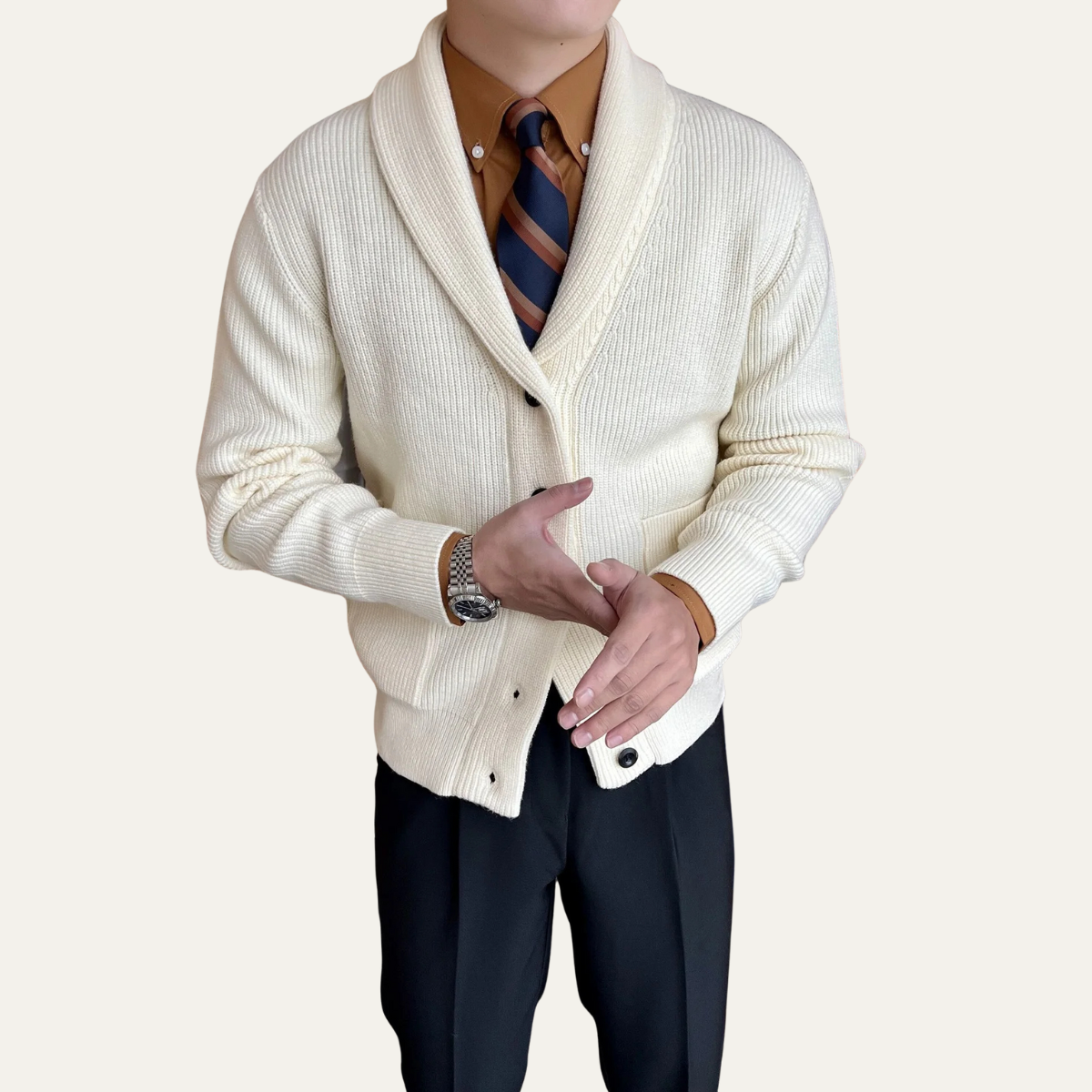 Gilet d'hiver en maille côtelée à col châle pour homme
