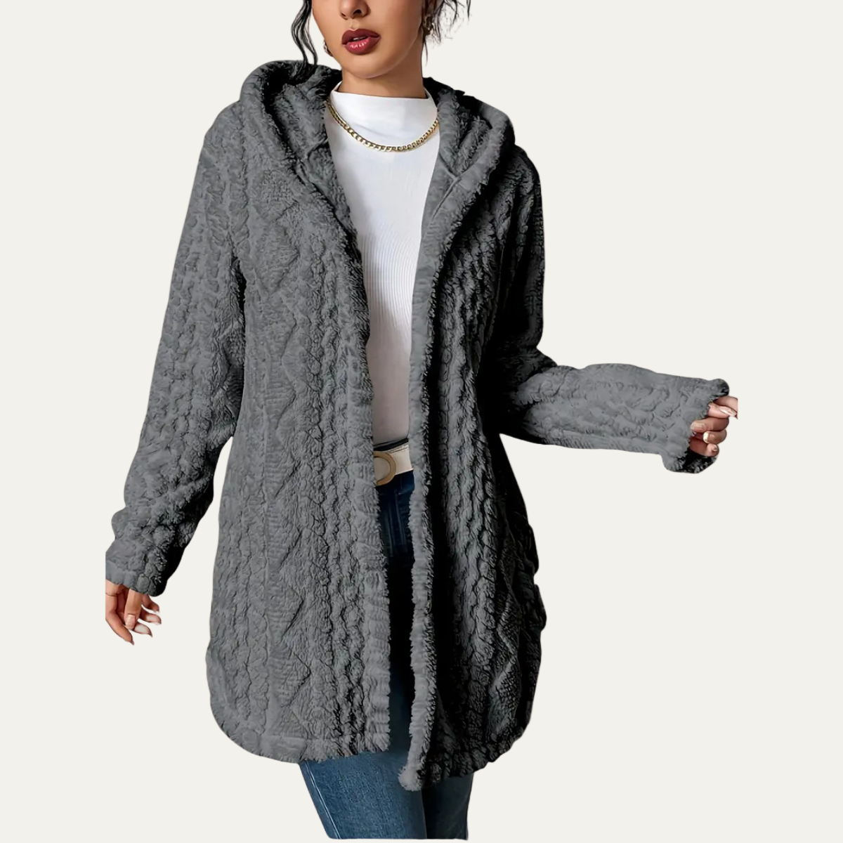 Gilet long à capuche texturé pour femme