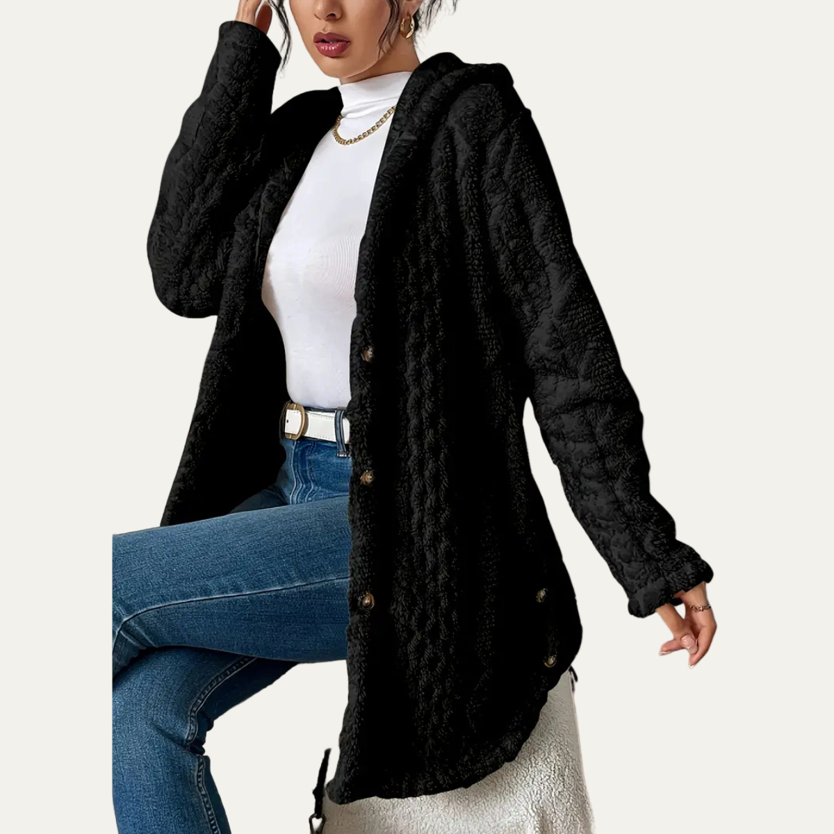 Gilet long à capuche texturé pour femme