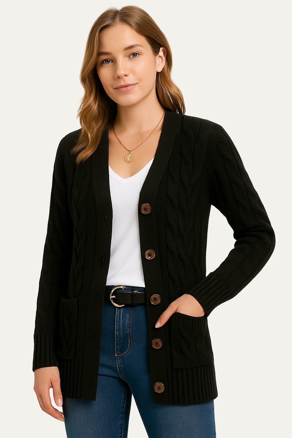 Gilet long en maille torsadée pour femme