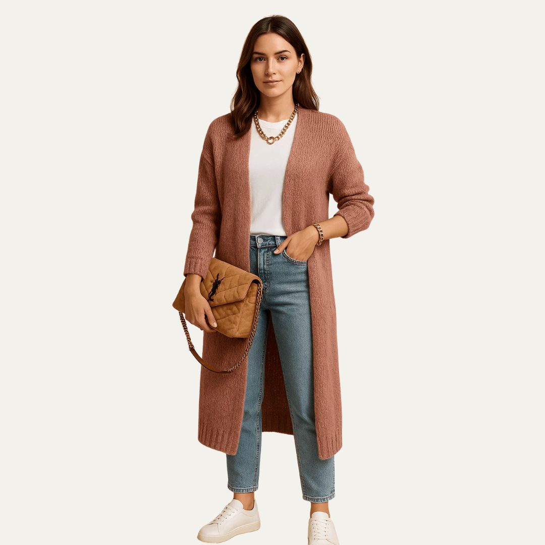Gilet long ouvert duveteux pour femme