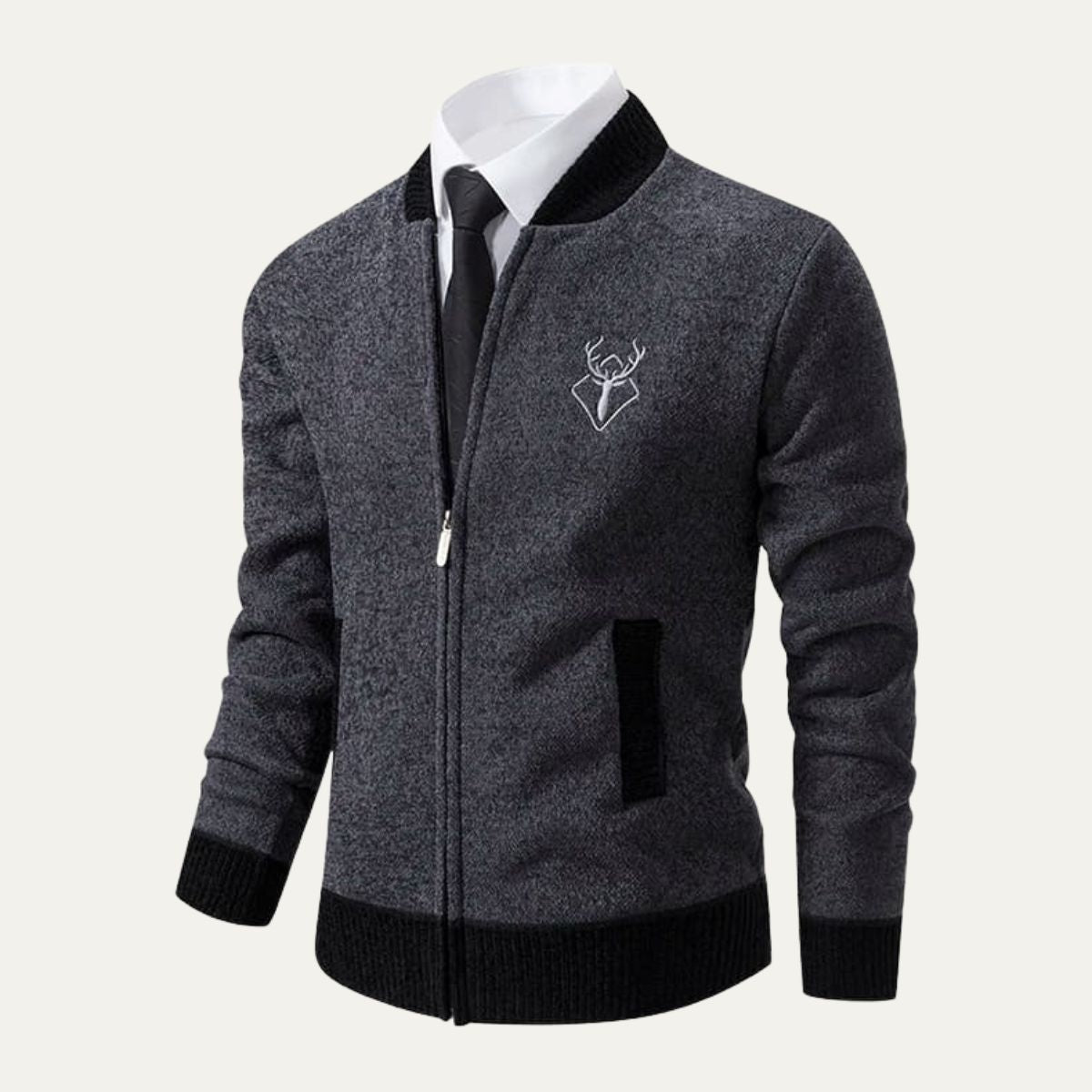 Gilet zippé en maille brodée de rennes pour homme