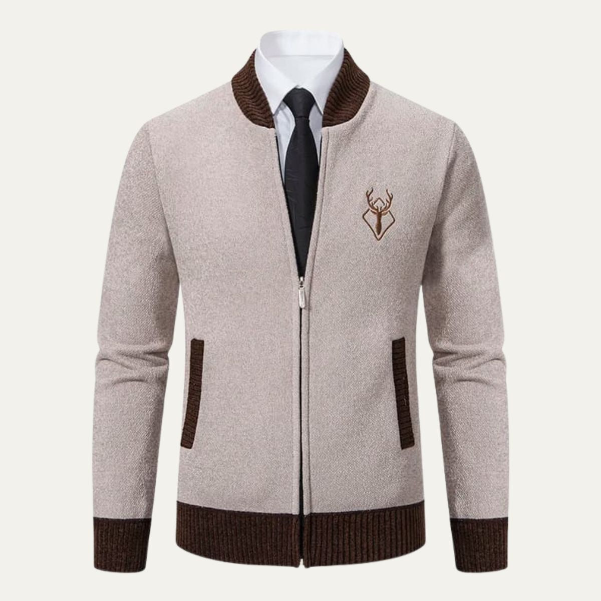 Gilet zippé en maille brodée de rennes pour homme