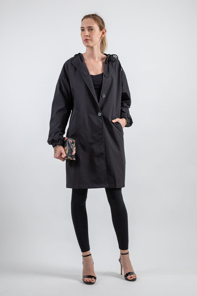 Imperméable mi-cuisse à capuche coupe trapèze pour femme