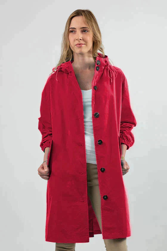 Imperméable mi-cuisse à capuche coupe trapèze pour femme