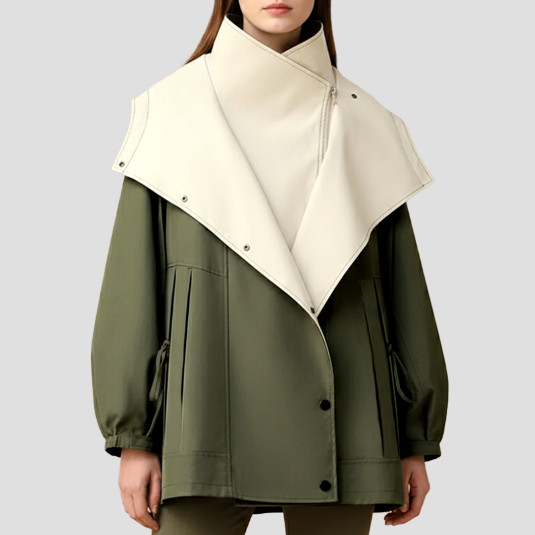 Manteau court à col montant et revers cape pour femme