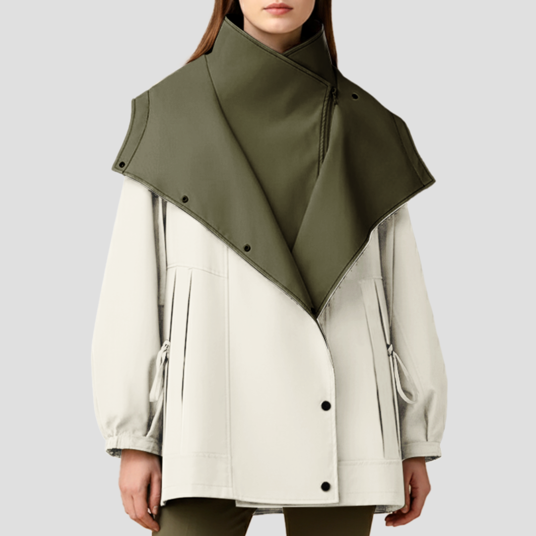 Manteau court à col montant et revers cape pour femme