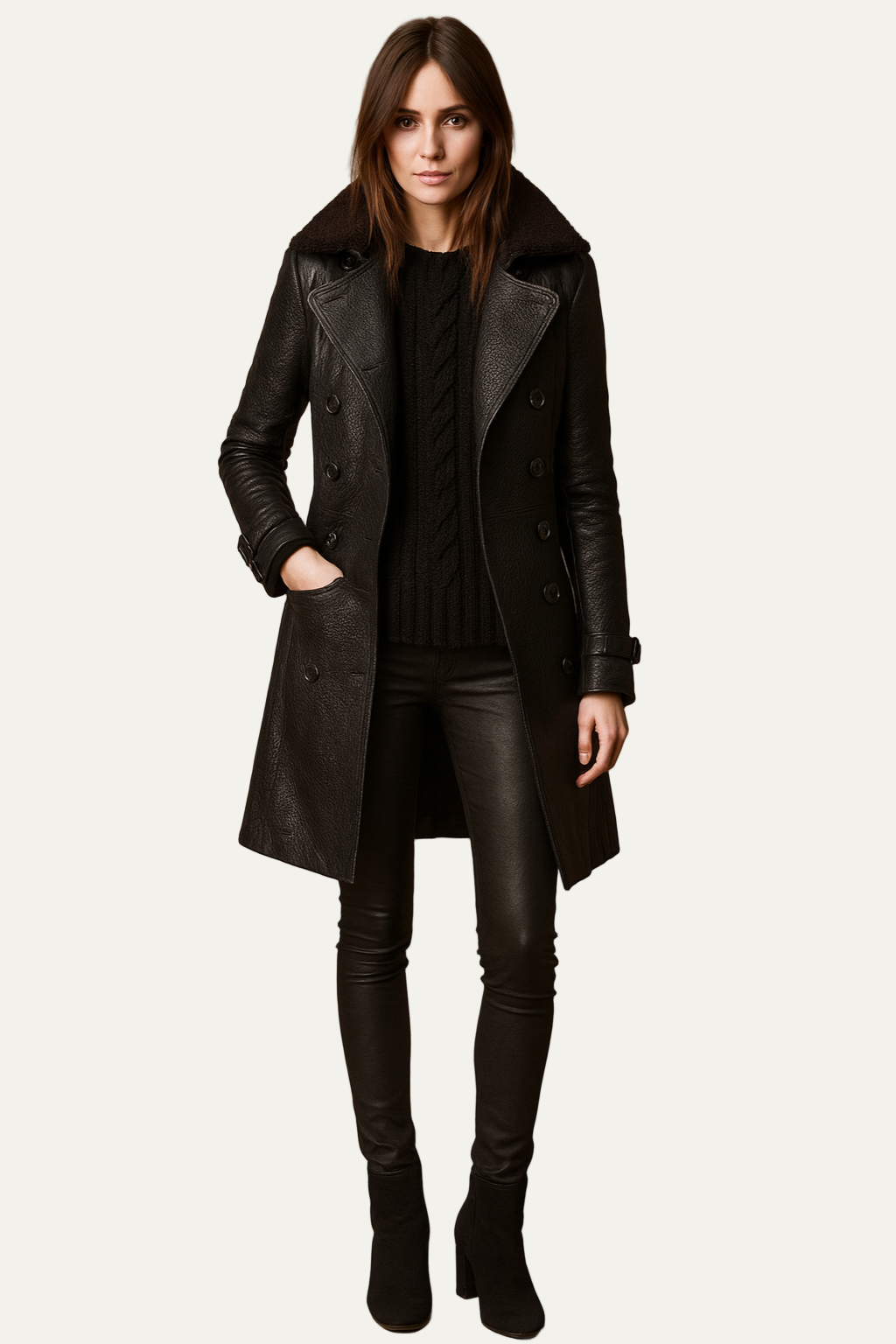 Manteau croisé à col en peau lainée pour femme