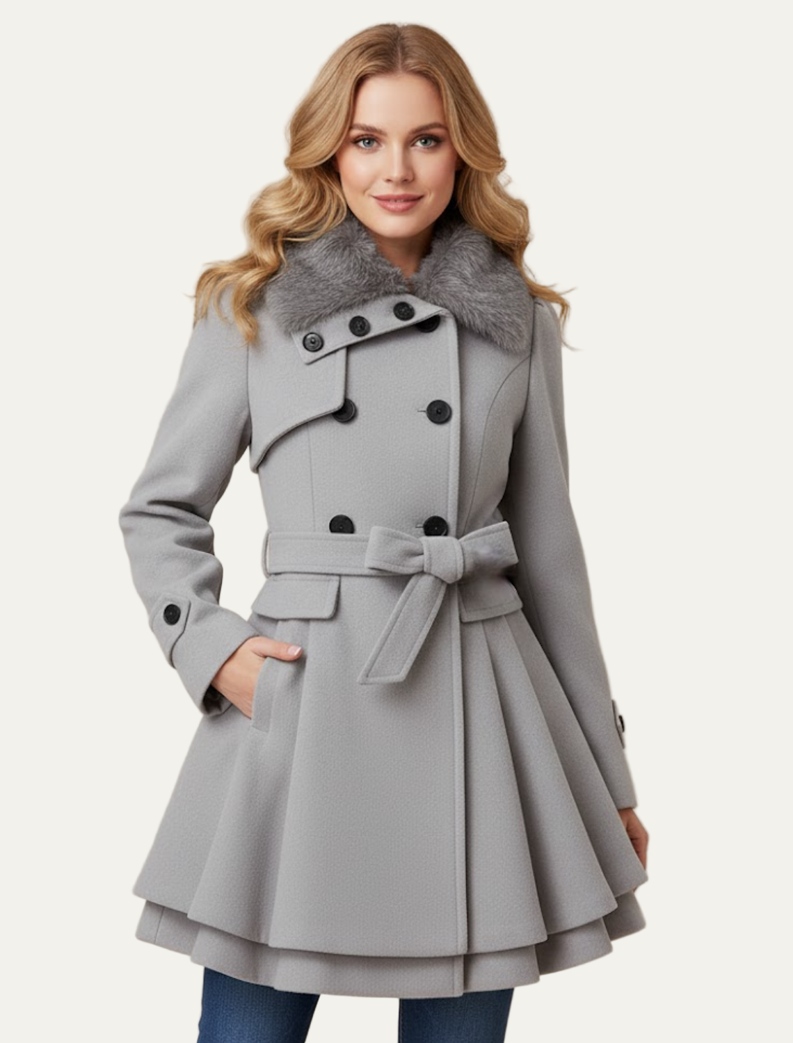 Manteau croisé évasé pour femme avec col en fausse fourrure