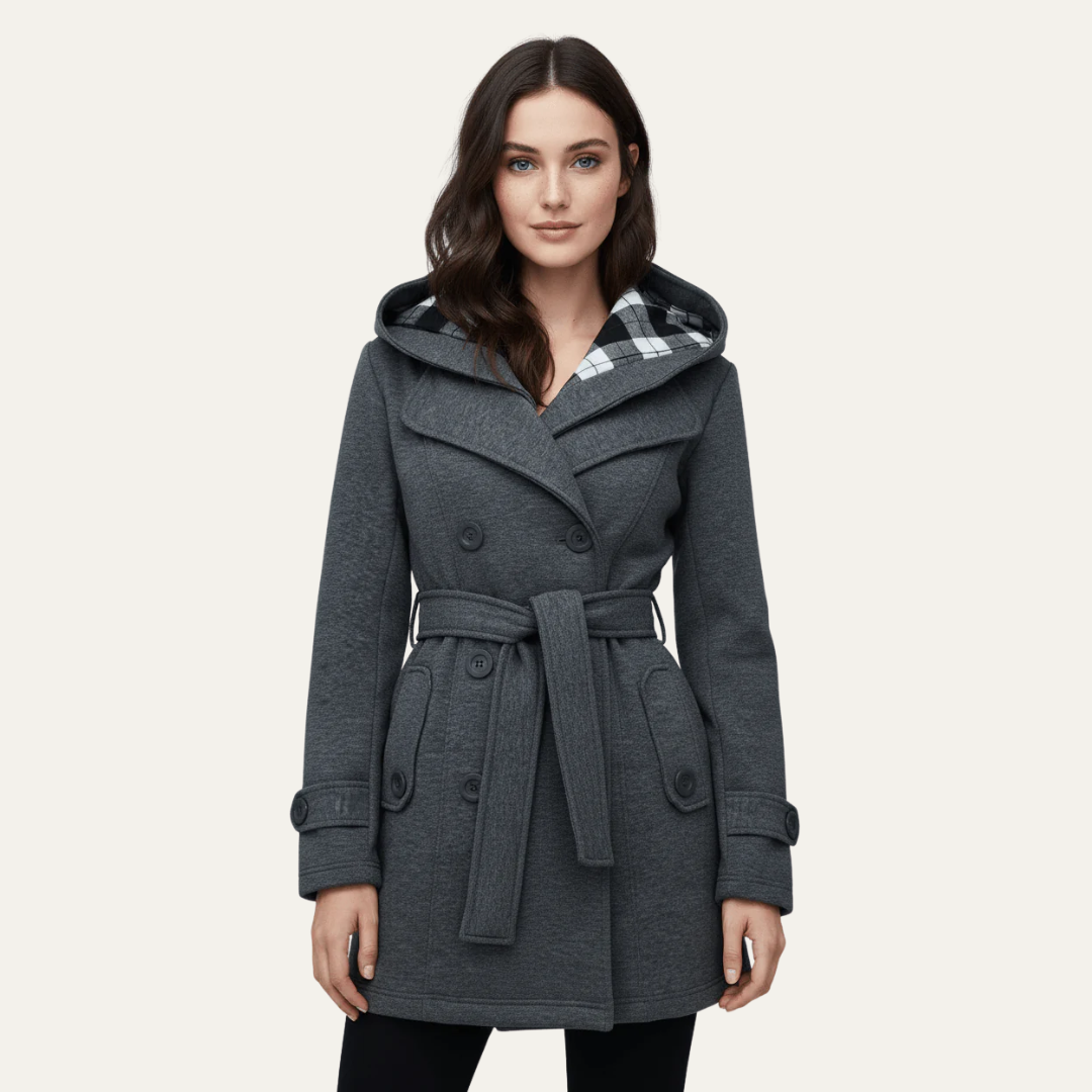 Manteau en laine croisé ceinturé pour femme avec capuche