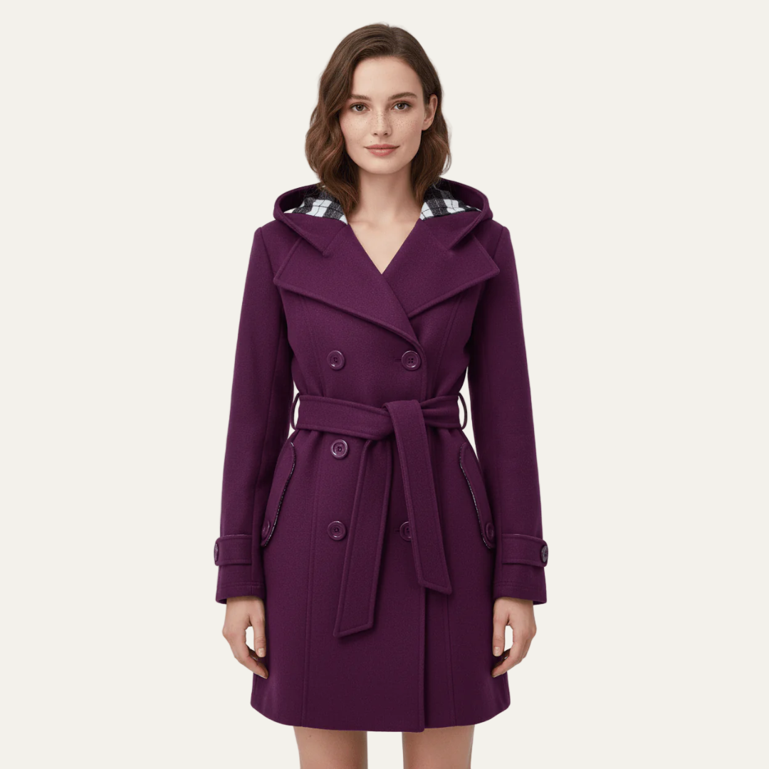 Manteau en laine croisé ceinturé pour femme avec capuche