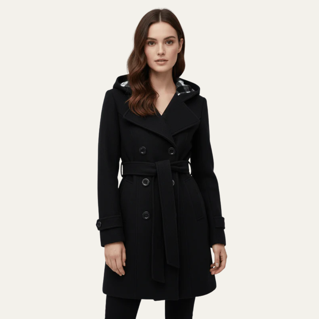 Manteau en laine croisé ceinturé pour femme avec capuche