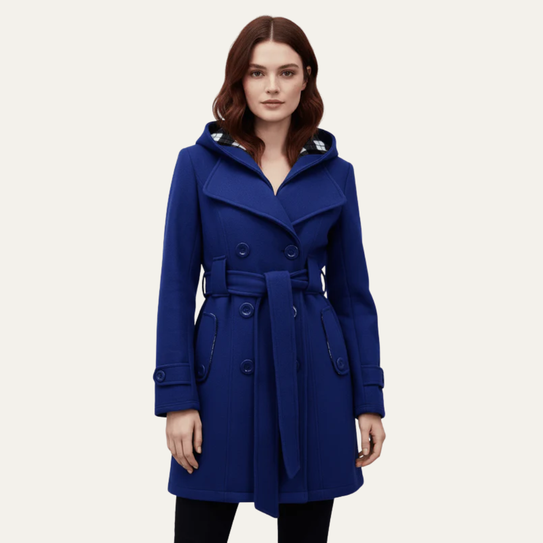 Manteau en laine croisé ceinturé pour femme avec capuche