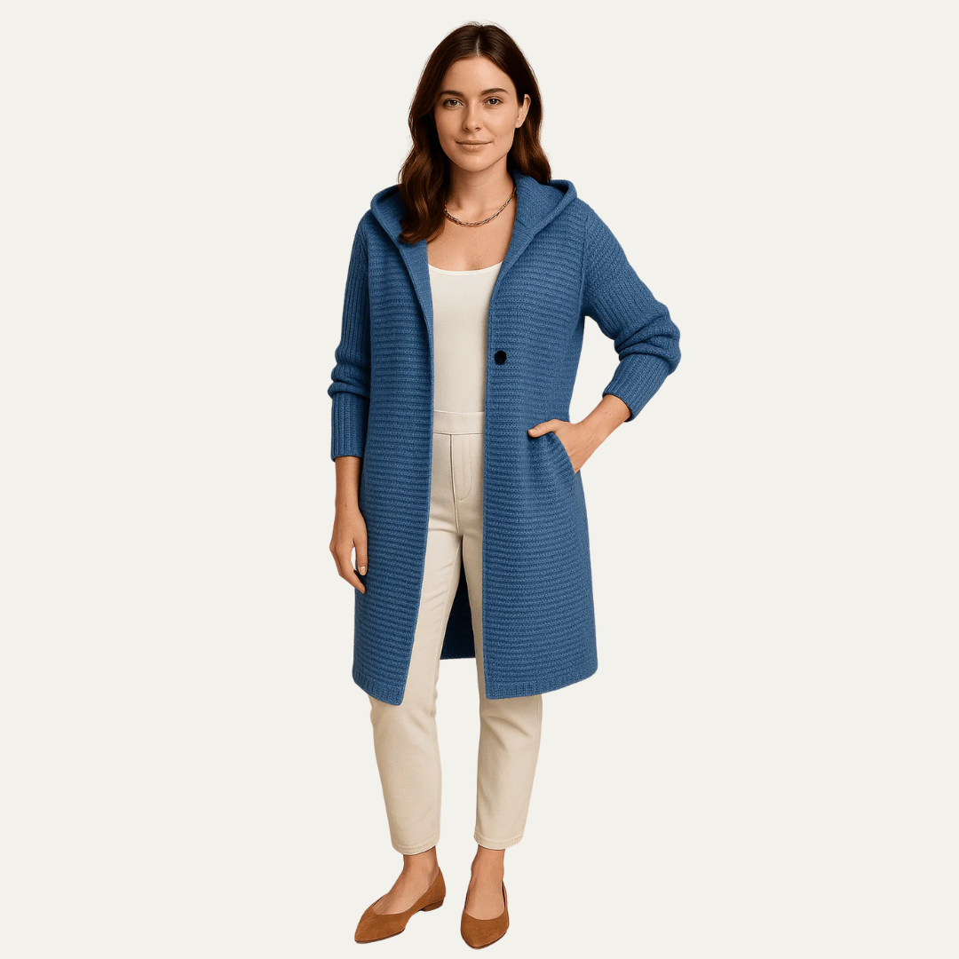 Manteau en maille côtelée à capuche pour femme