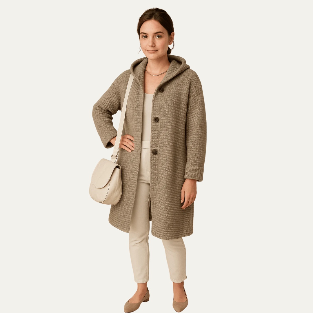 Manteau en maille côtelée à capuche pour femme