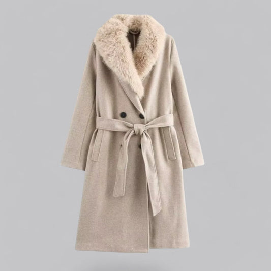 Manteau long ceinturé pour femme avec col en fausse fourrure