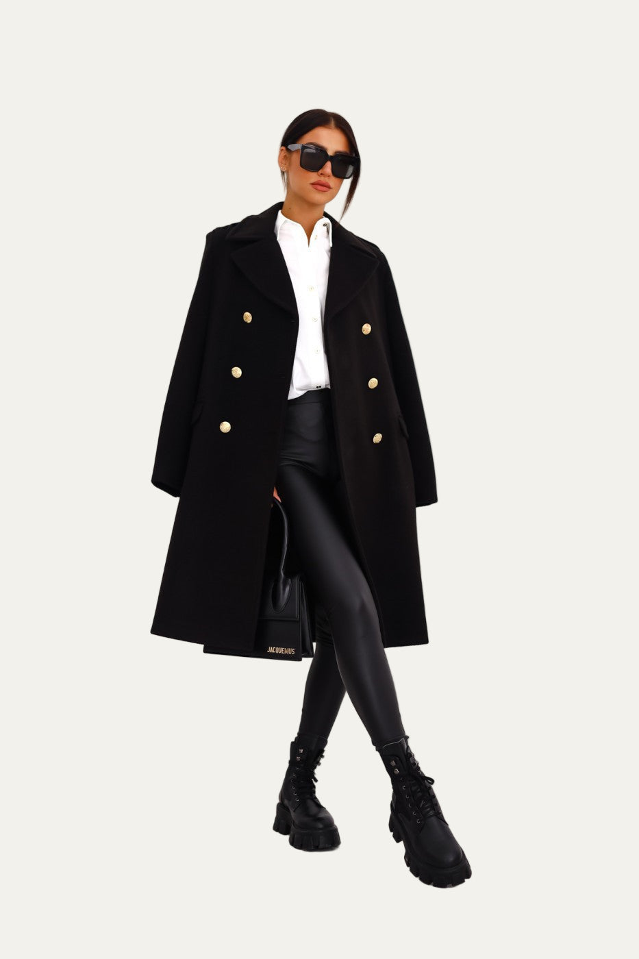 Manteau long croisé à boutons dorés pour femme