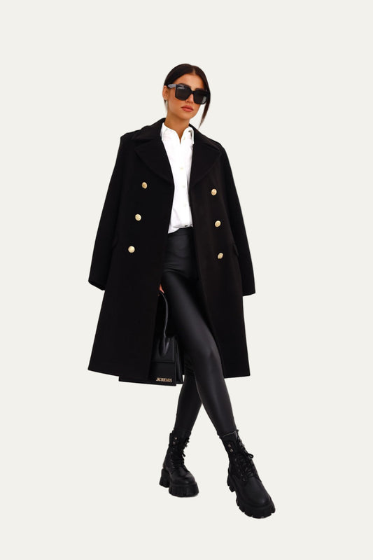 Manteau long croisé à boutons dorés pour femme