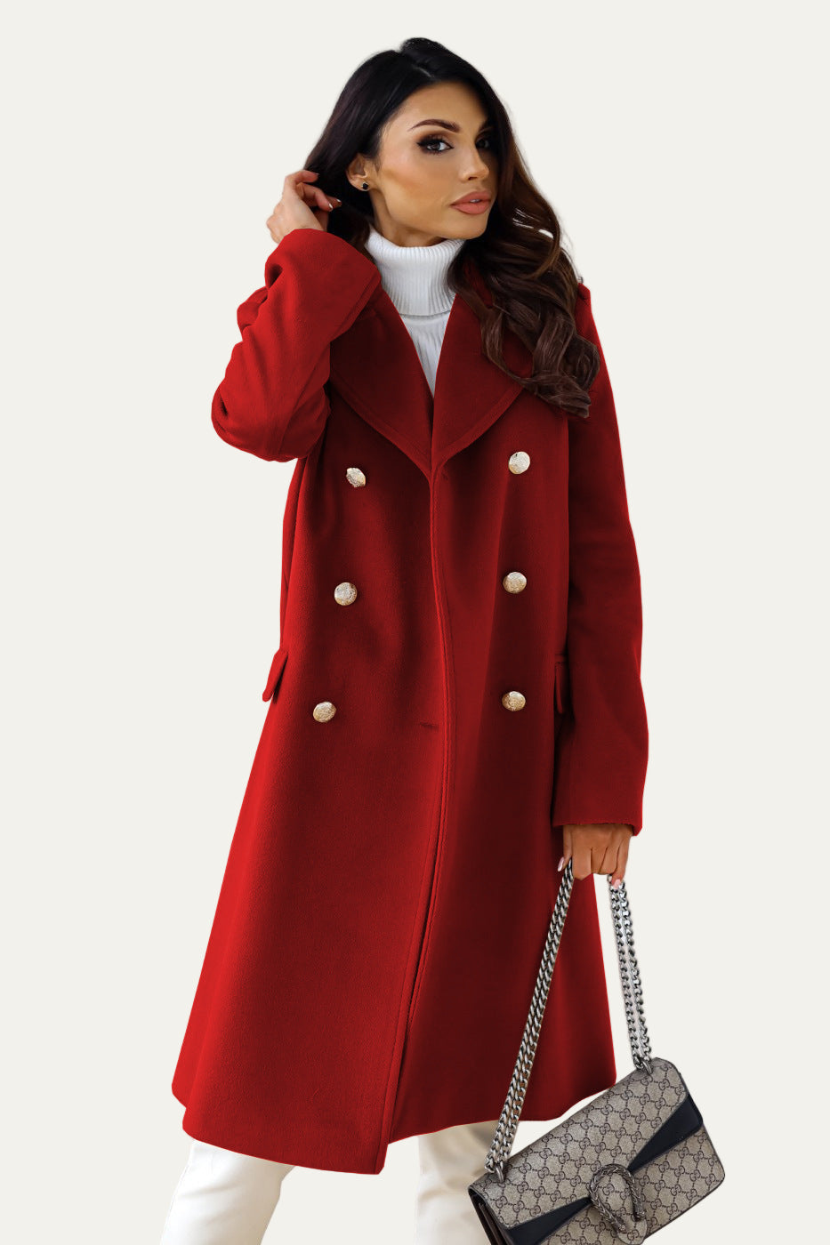 Manteau long croisé à boutons dorés pour femme