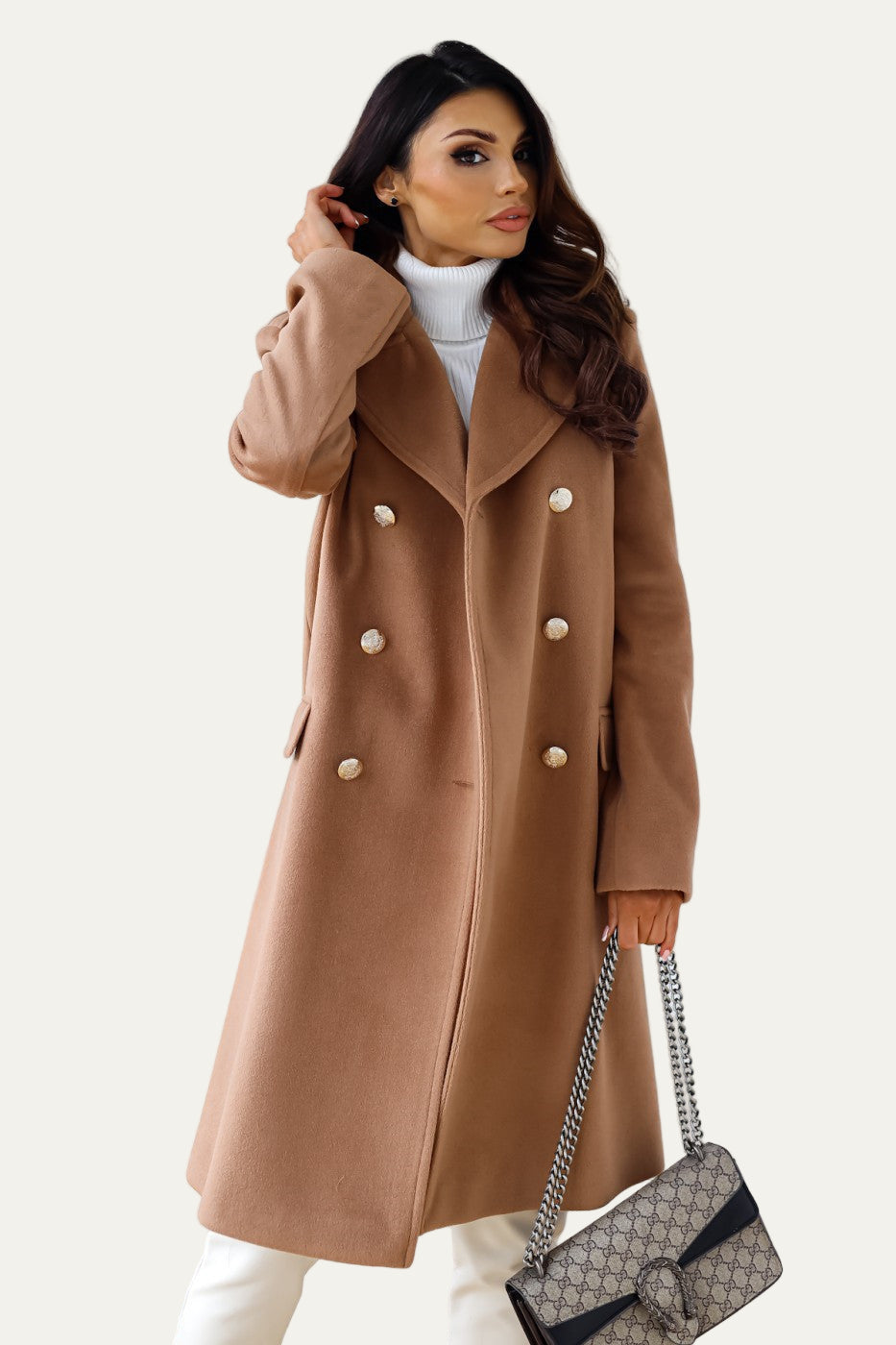 Manteau long croisé à boutons dorés pour femme