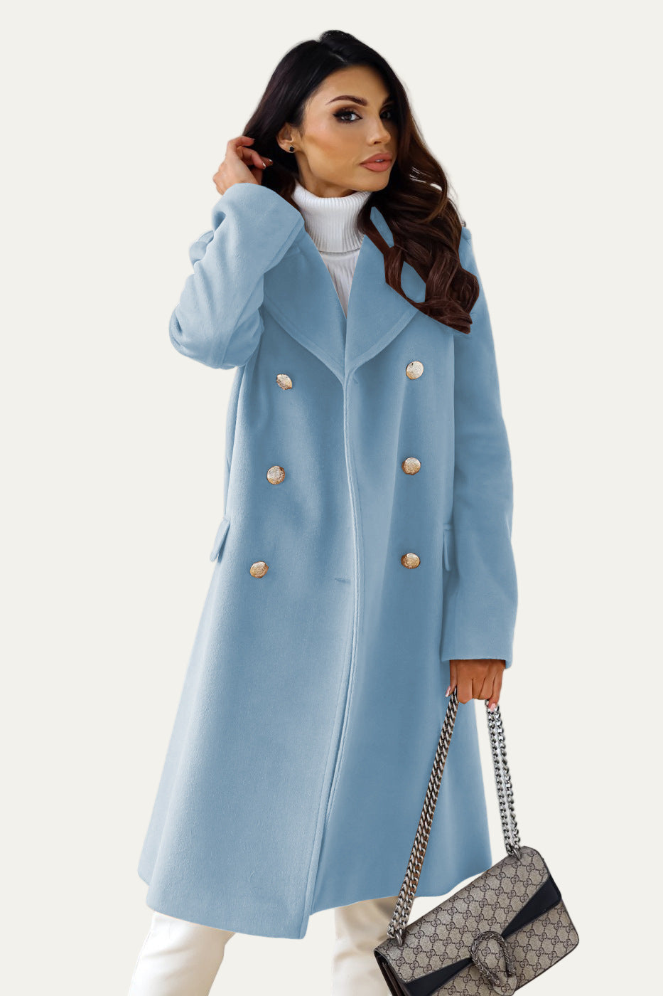 Manteau long croisé à boutons dorés pour femme
