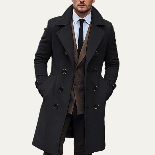 Manteau long croisé pour homme en laine mélangée