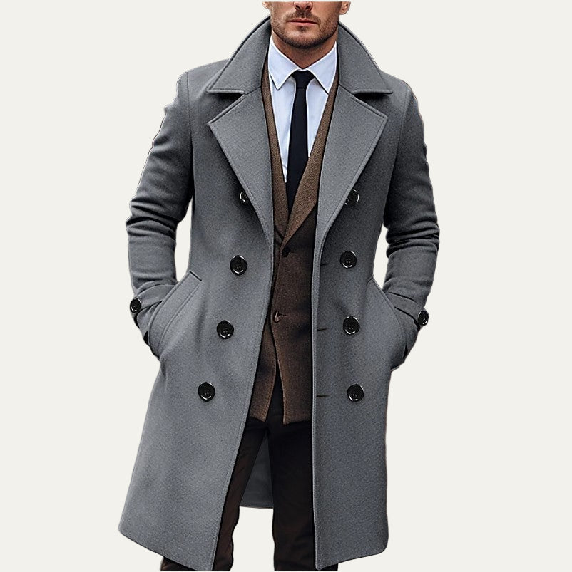 Manteau long croisé pour homme en laine mélangée