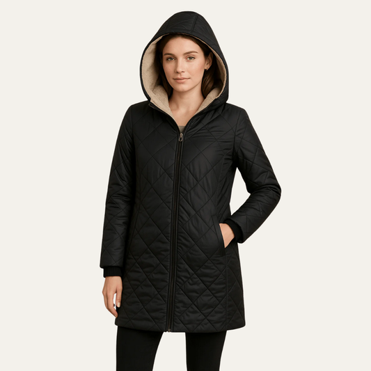 Manteau long matelassé à capuche doublé sherpa pour femme