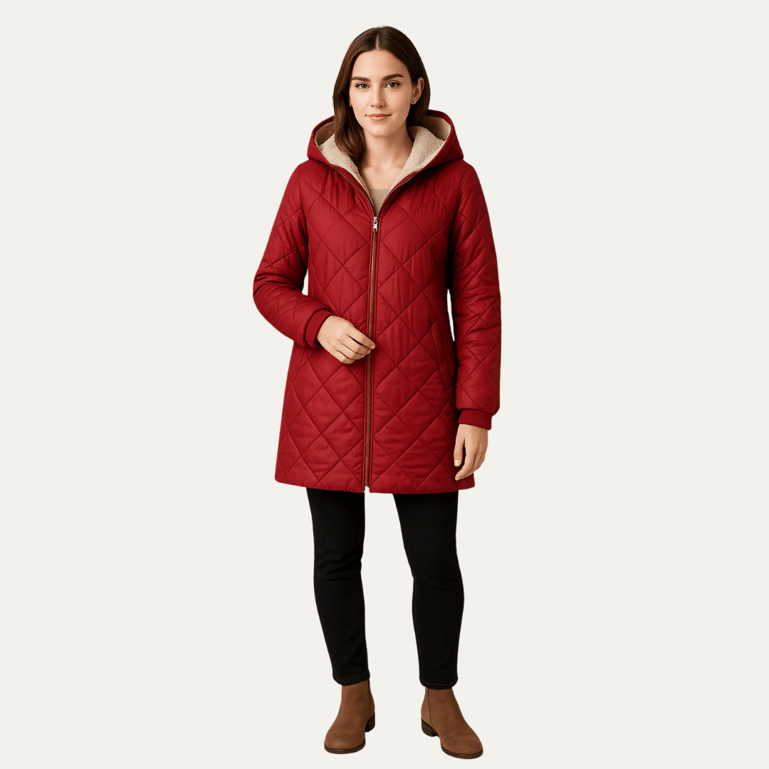 Manteau long matelassé à capuche doublé sherpa pour femme