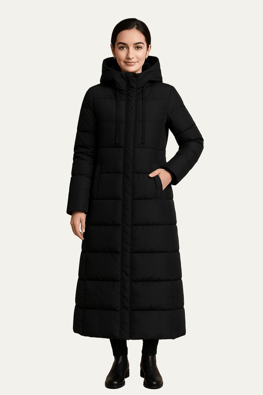Manteau long matelassé à capuche pour femme