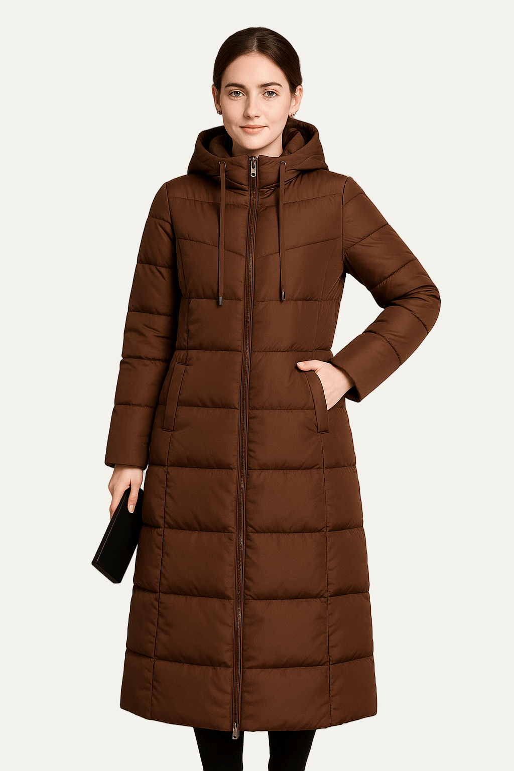 Manteau long matelassé à capuche pour femme