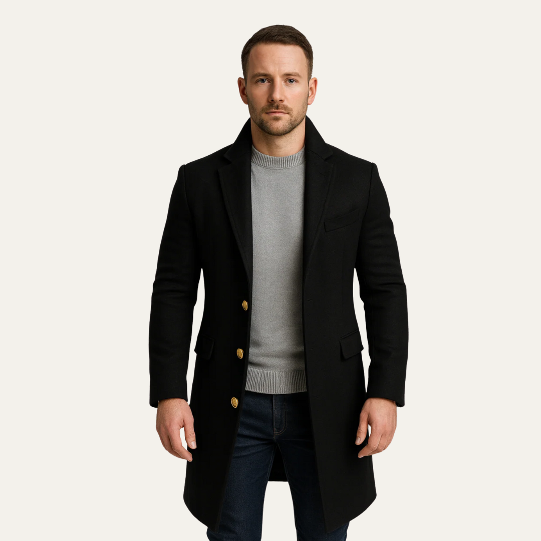 Manteau mi-long à boutons dorés pour homme