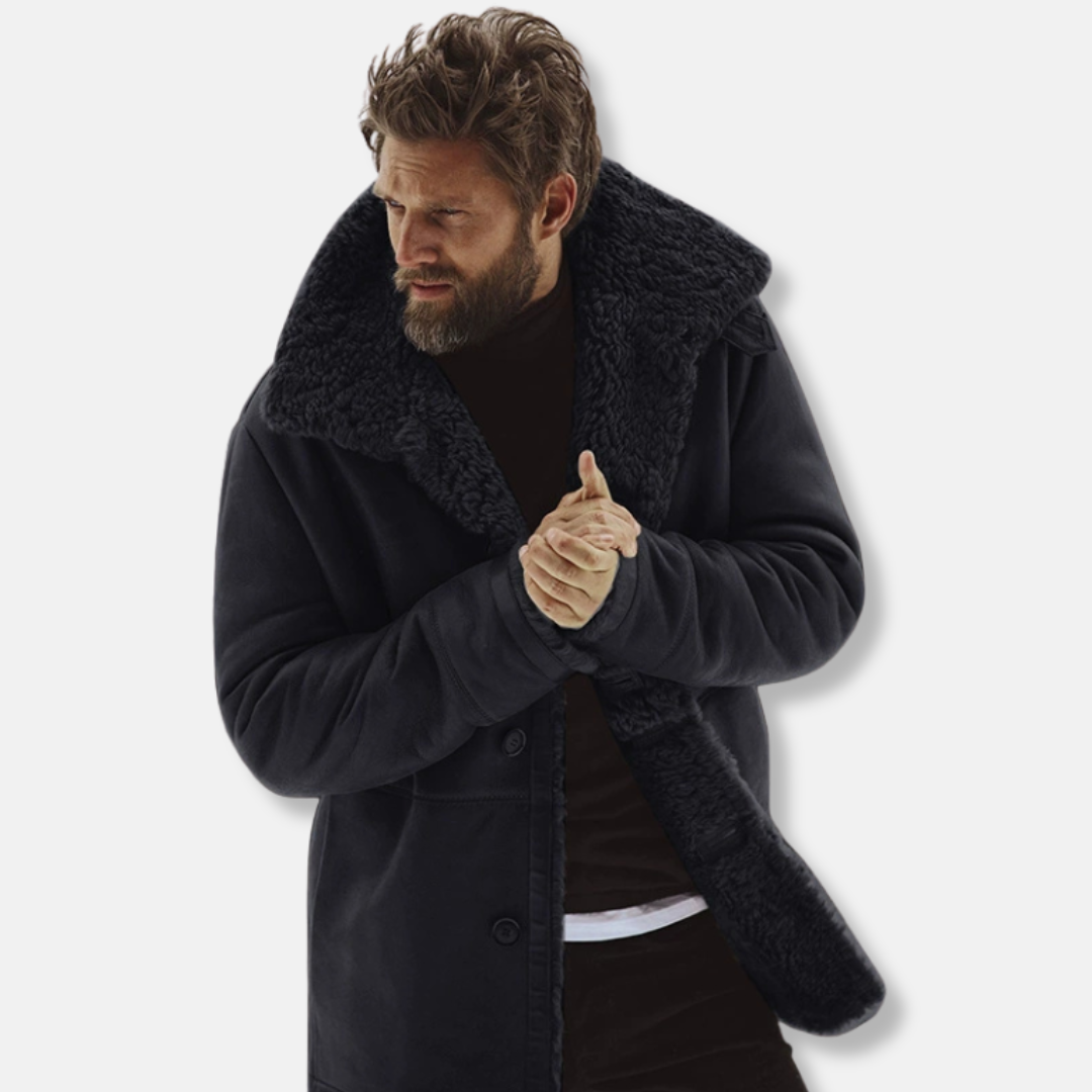 Manteau mi-long pour homme avec bordure en peau lainée