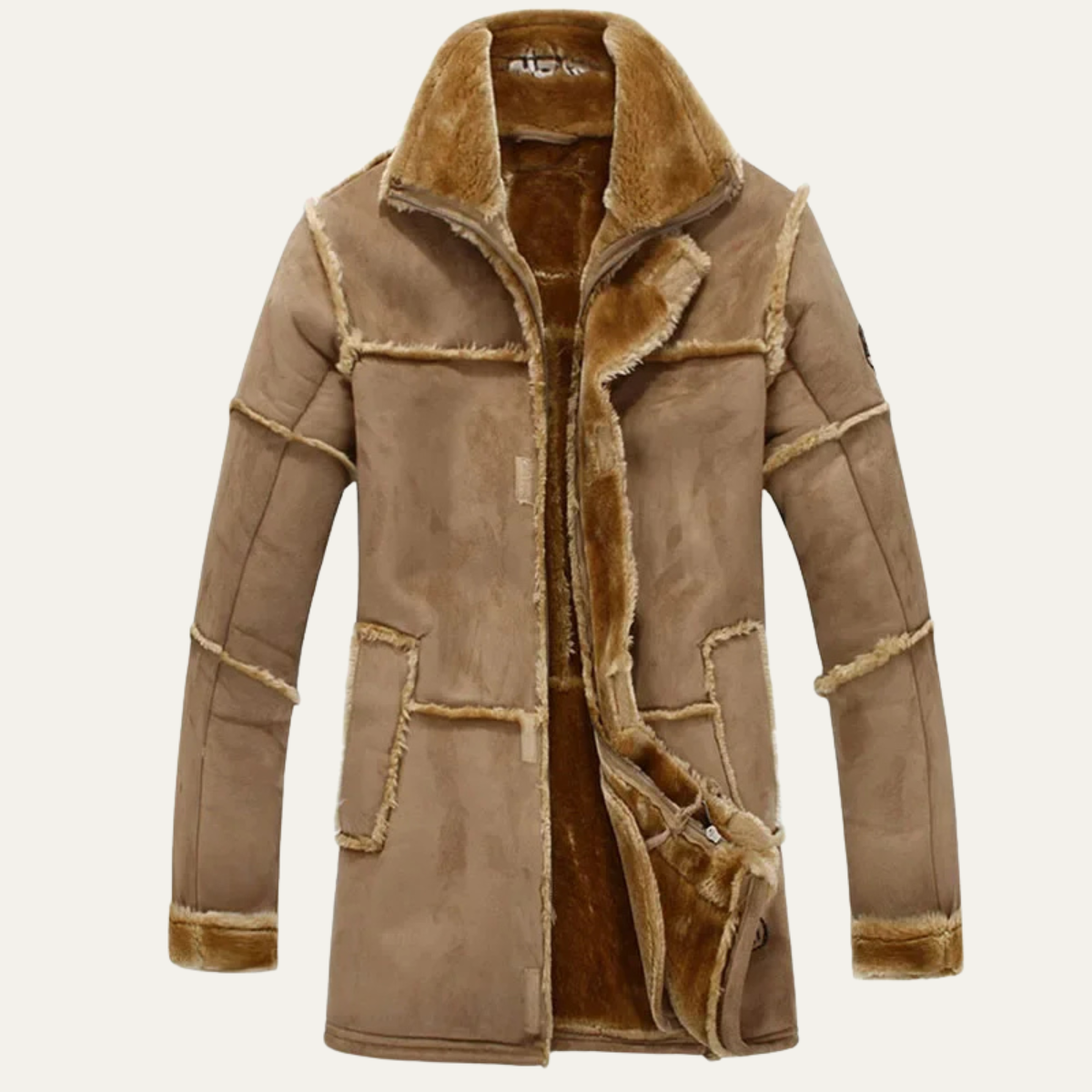 Manteau zippé en cuir à bordure en peau lainée pour homme