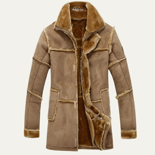 Manteau zippé en cuir à bordure en peau lainée pour homme