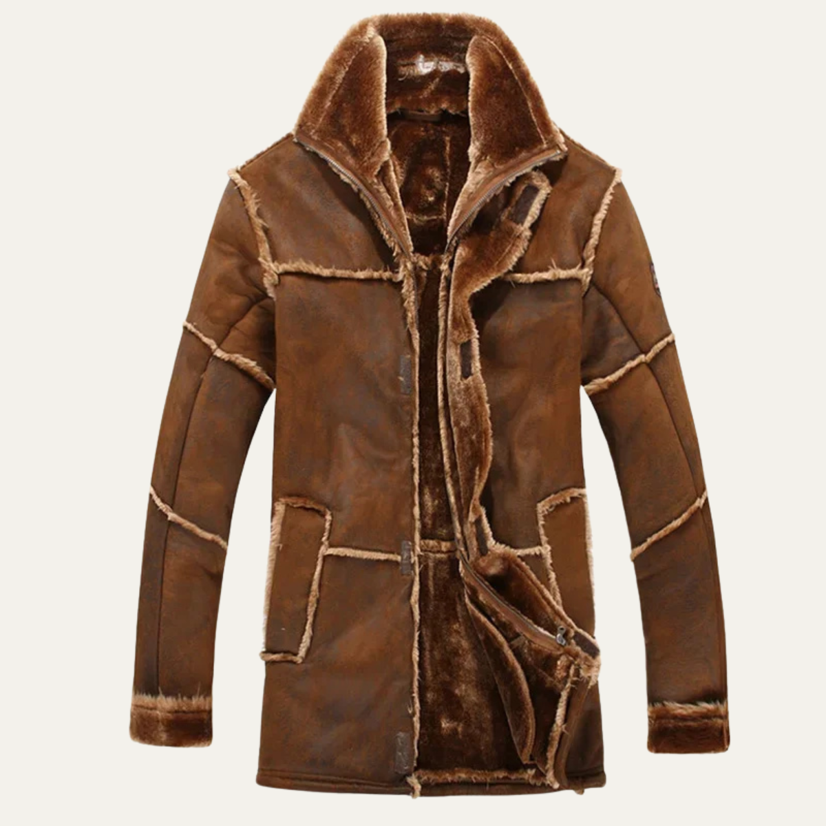 Manteau zippé en cuir à bordure en peau lainée pour homme
