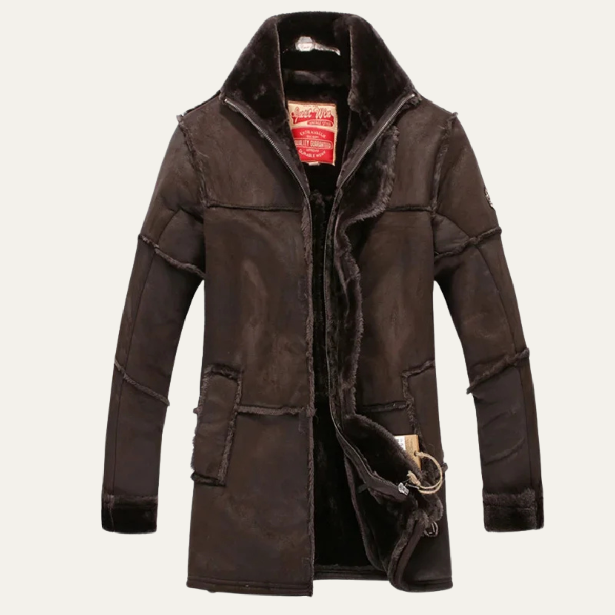 Manteau zippé en cuir à bordure en peau lainée pour homme