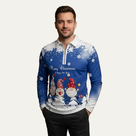 Polo de Noël festif pour homme, motif gnome, fermeture éclair 1/4