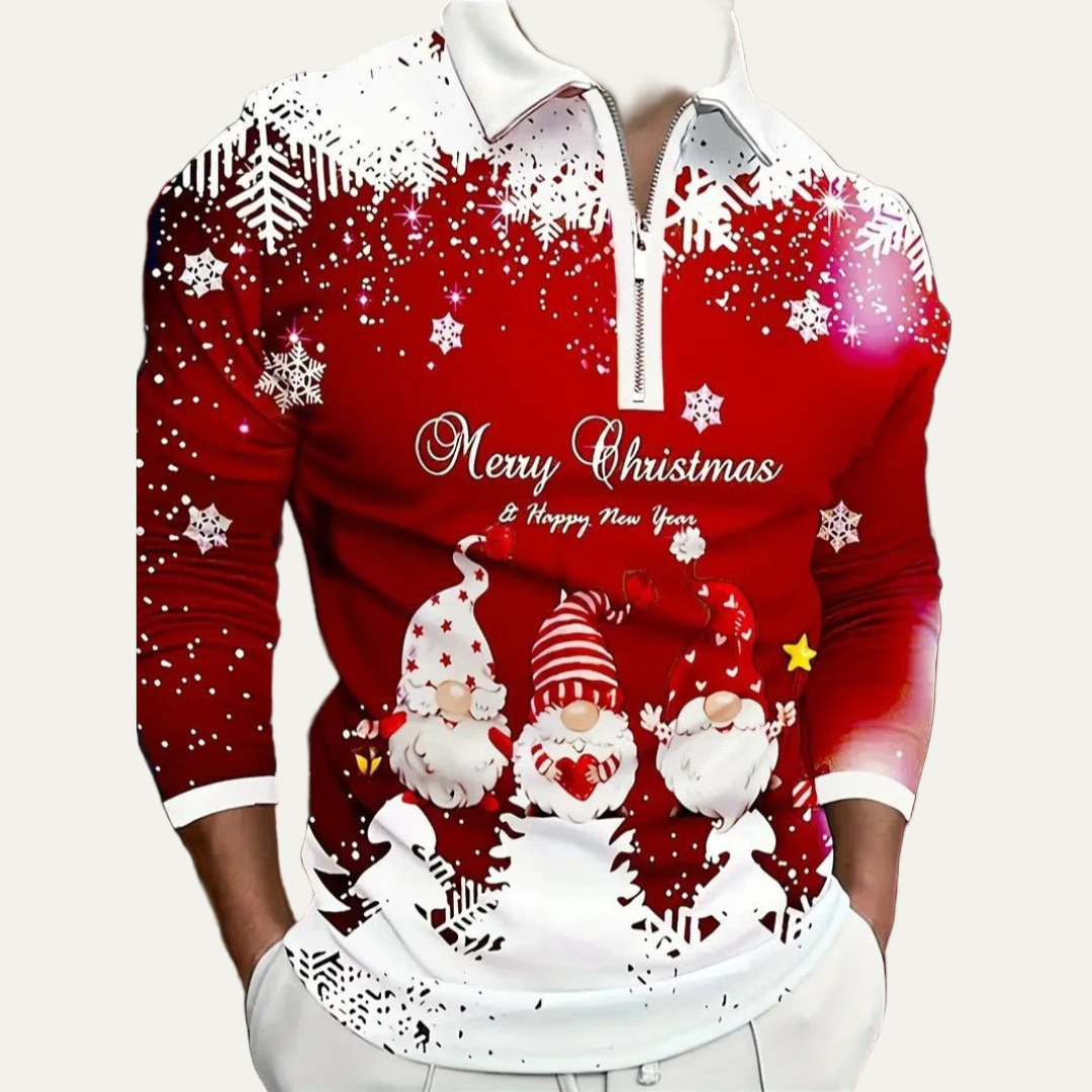 Polo de Noël festif pour homme, motif gnome, fermeture éclair 1/4