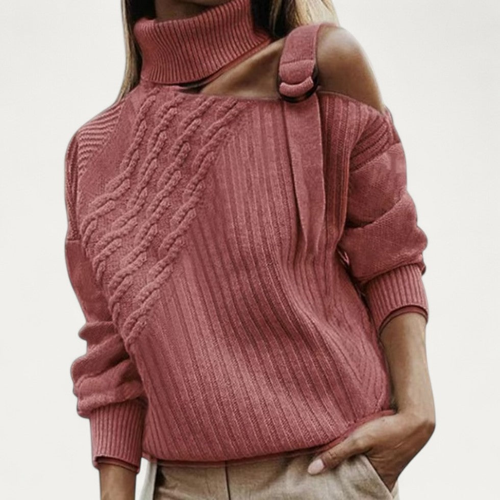 Pull à col roulé asymétrique en maille torsadée pour femme